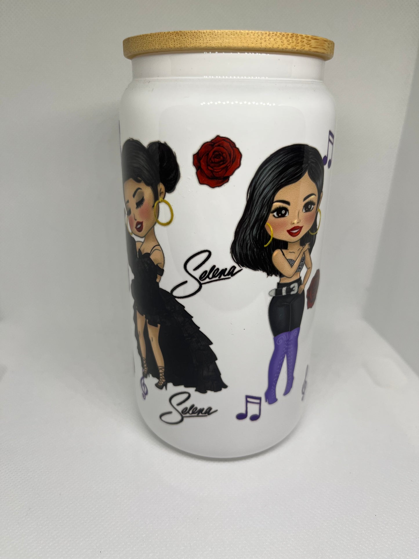 Selena-Inspired White Glass Cup with Bamboo Lid