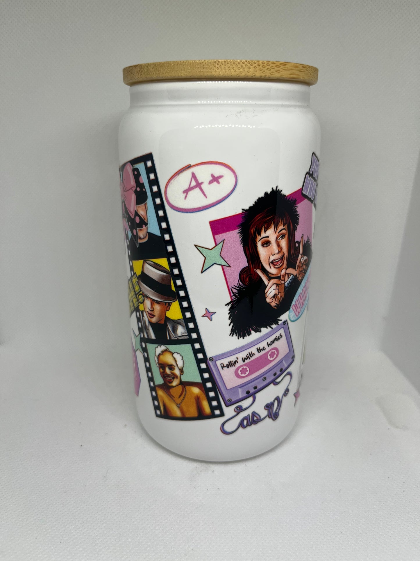 90s Teen Movie Inspired White Glass Cup with Bamboo Lid – 16 oz