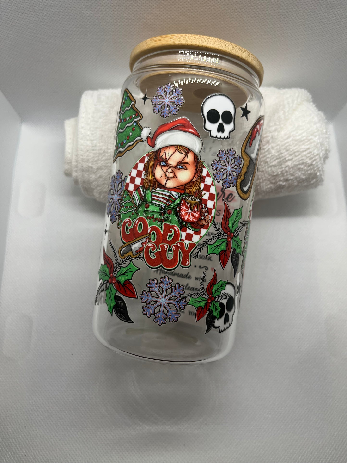 The Good Guy Creepy Christmas Horror Glass Tumbler