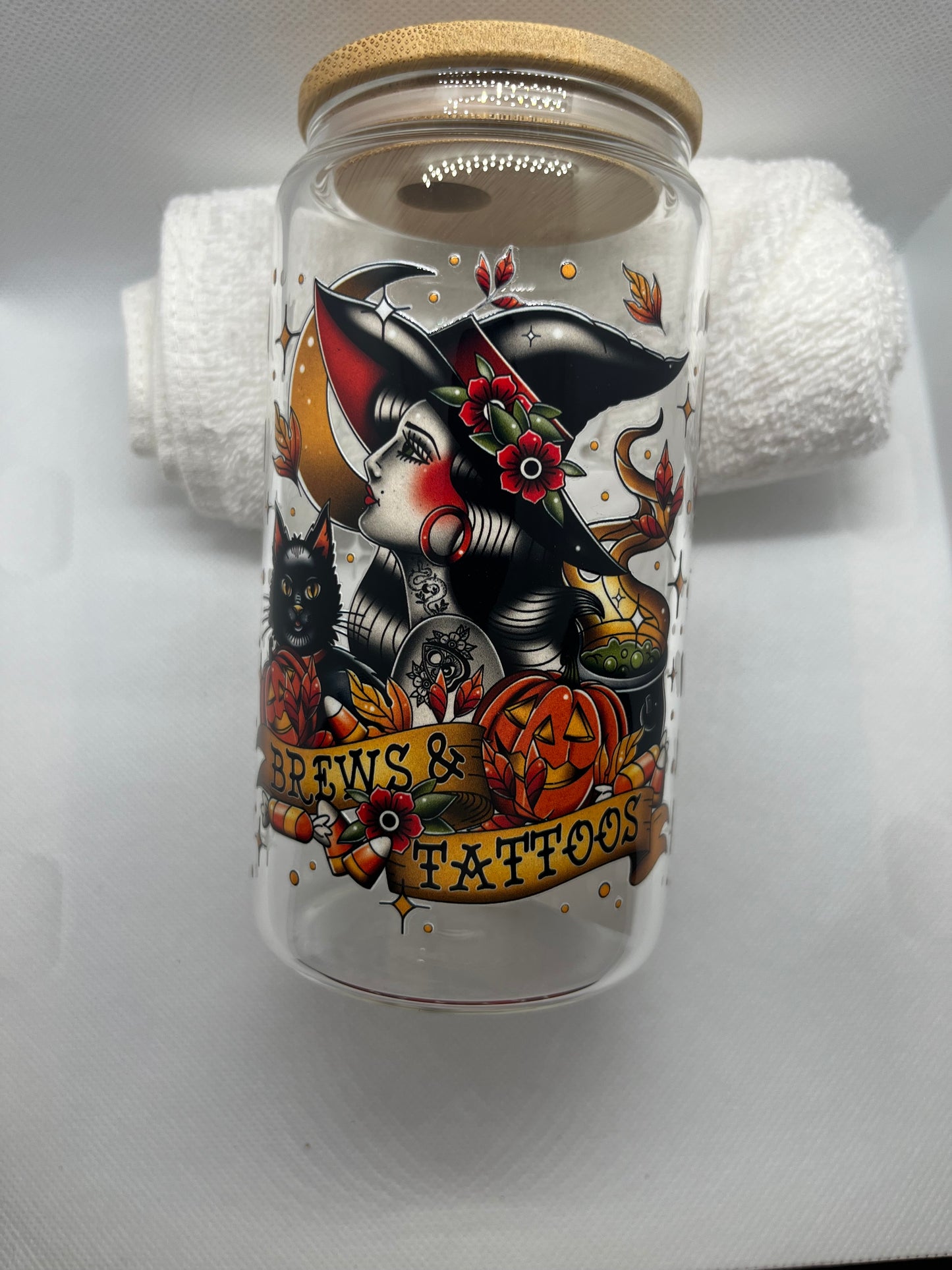 Brews & Tattoos Witch Glass Can Cup – 16oz Halloween Aesthetic