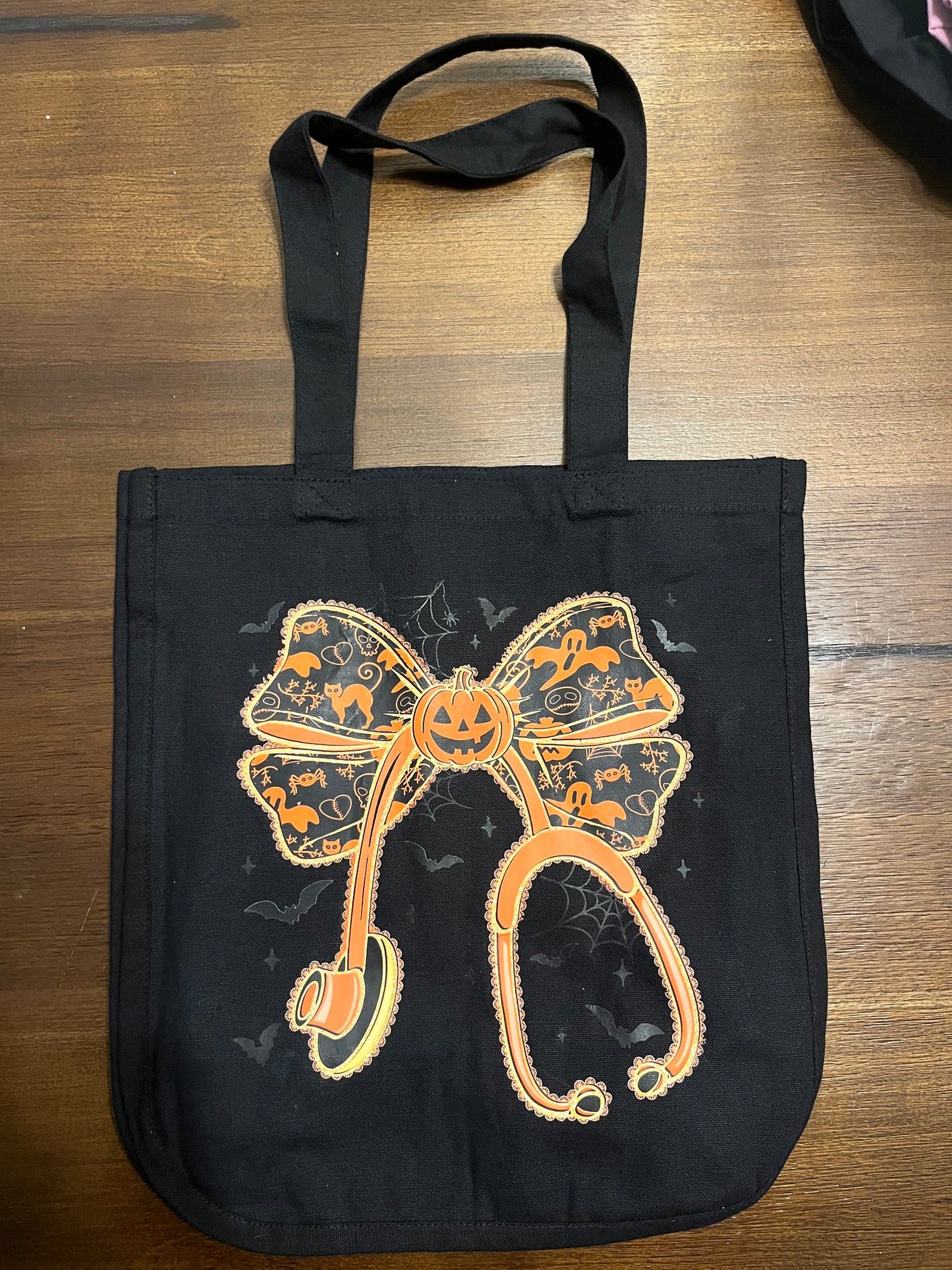 Spooky Nurse Stethoscope Tote | Halloween Bow Pumpkin Canvas Bag