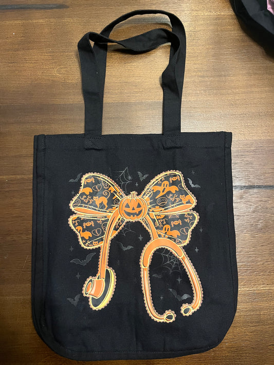 Spooky Nurse Stethoscope Tote | Halloween Bow Pumpkin Canvas Bag