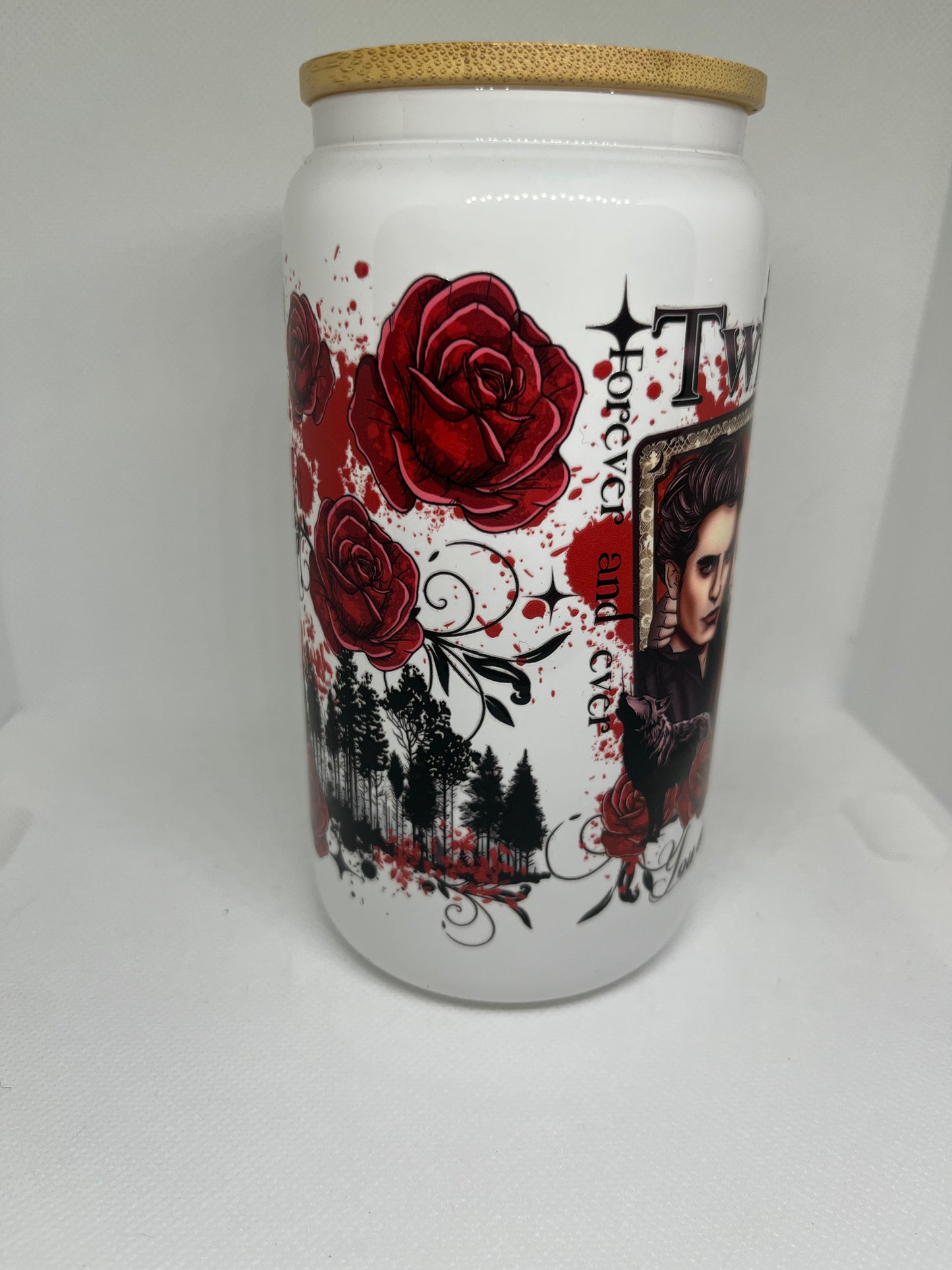 Vampire Romance Inspired White Glass Cup with Bamboo Lid – 16 oz
