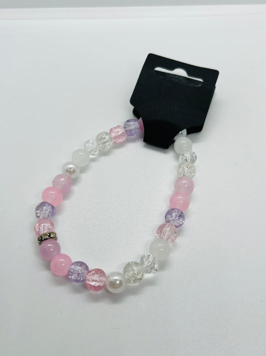 Pastel Pink & Lavender Beaded Stretch Bracelet – Pearl Accent