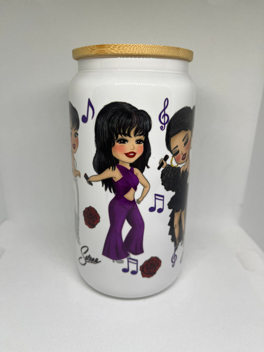 Selena-Inspired White Glass Cup with Bamboo Lid