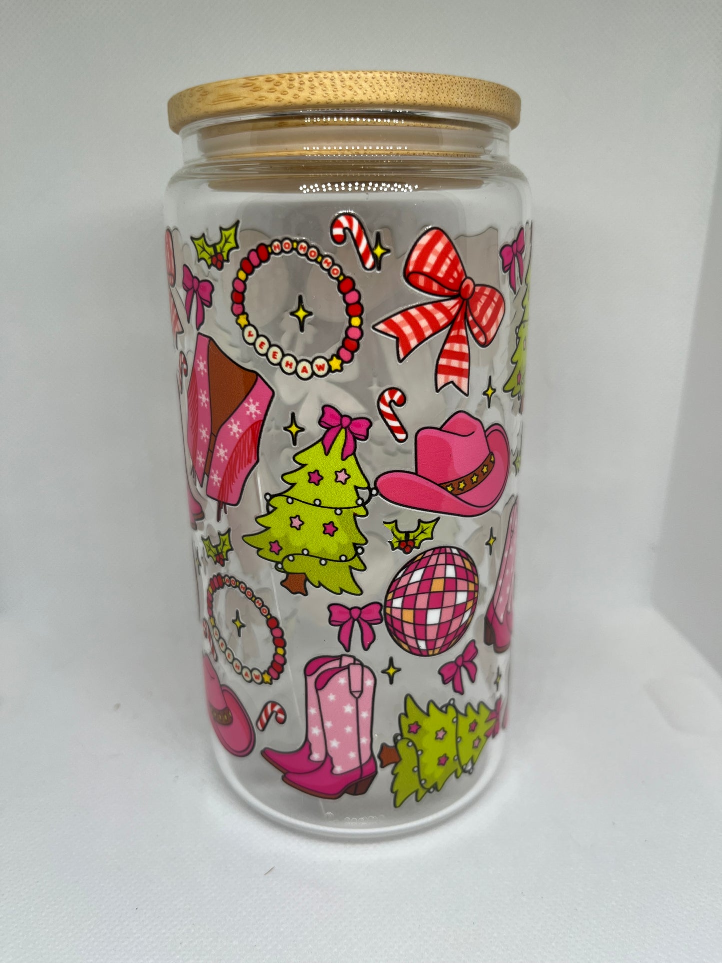 Pink Western Christmas Glass Can Tumbler – 16 oz Holiday Cowgirl Cup