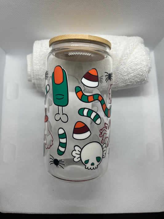Spooky Candy Mix Glass Can Cup – 16oz Cute Horror Design