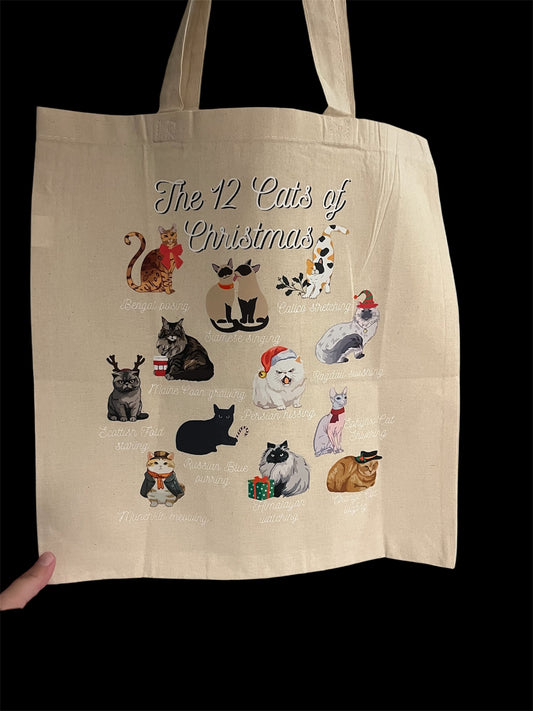 The 12 Cats of Christmas Canvas Tote Bag | Cat Lover Holiday Tote