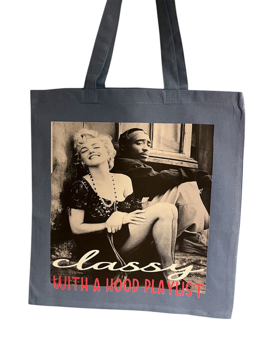 Classy With a Hood Playlist Canvas Tote Bag | Vintage Hip Hop Aesthetic Tote
