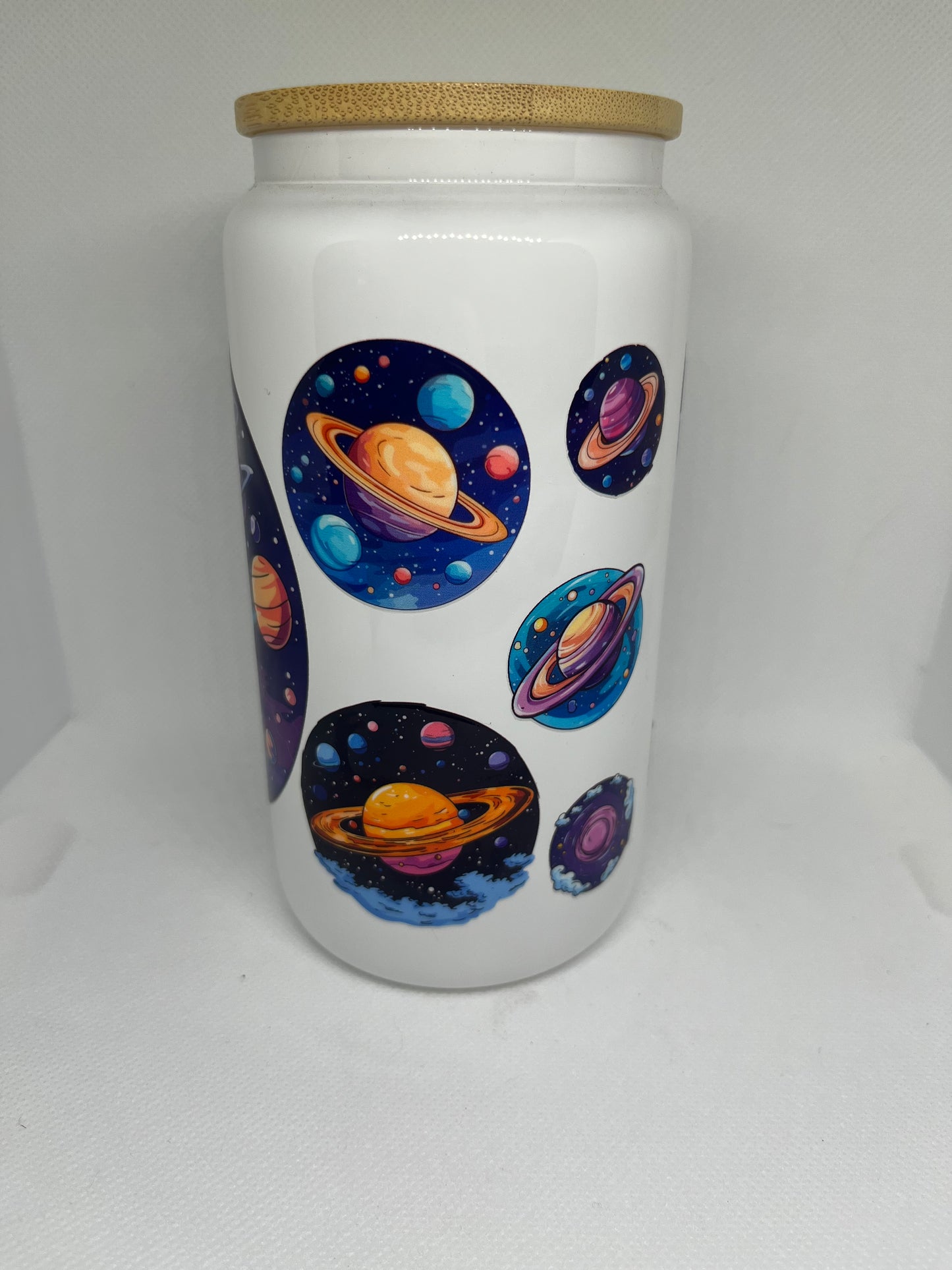 Cosmic Planets White Glass Cup with Bamboo Lid