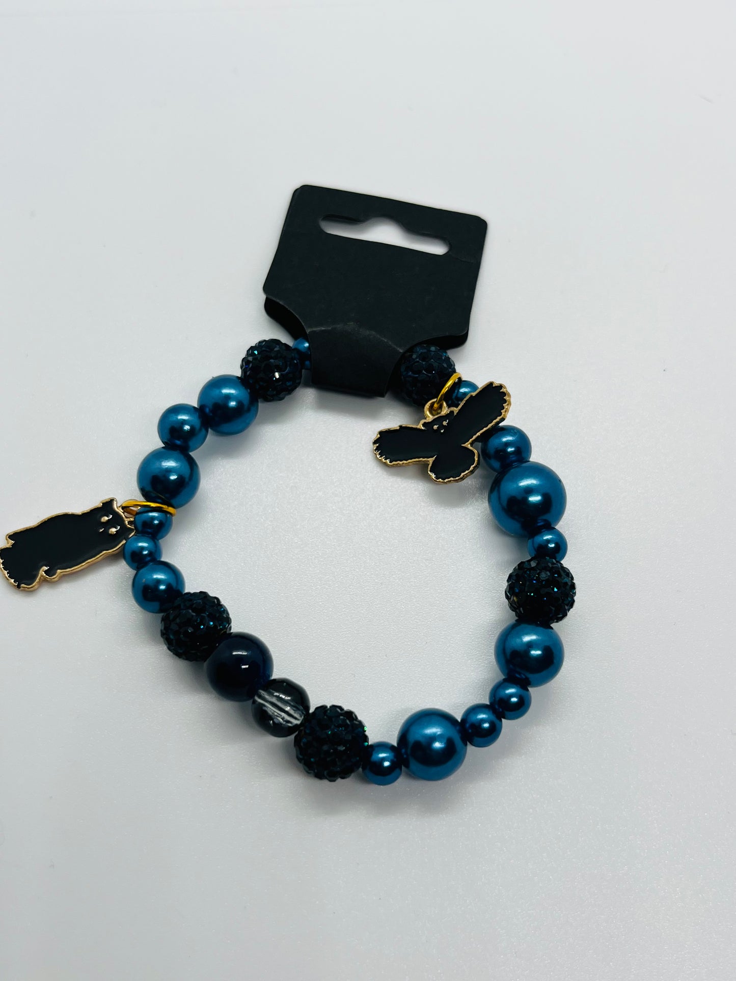 Midnight Blue Beaded Bracelet – Butterfly & Cat Charm Stretch Bracelet