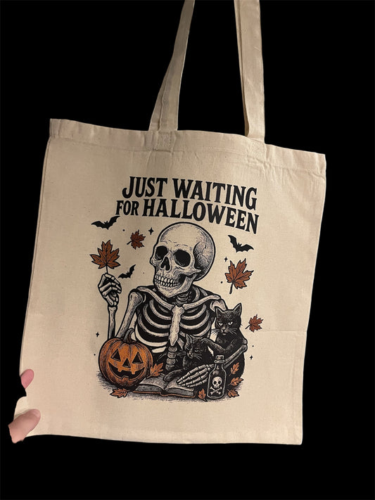 Just Waiting for Halloween Skeleton Canvas Tote Bag | Spooky Fall Tote