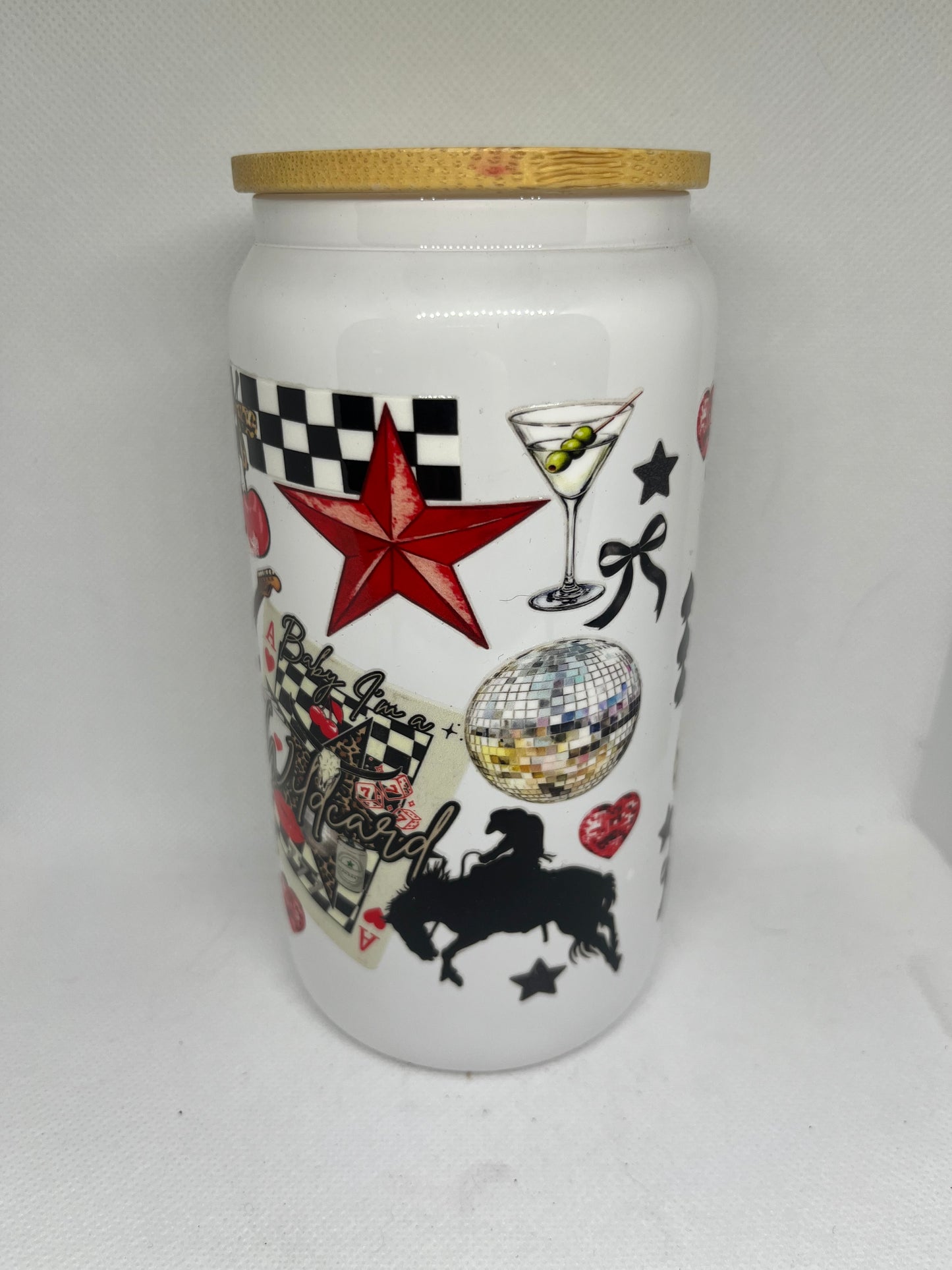 Retro Western Vibes 16 oz White Glass Can with Bamboo Lid