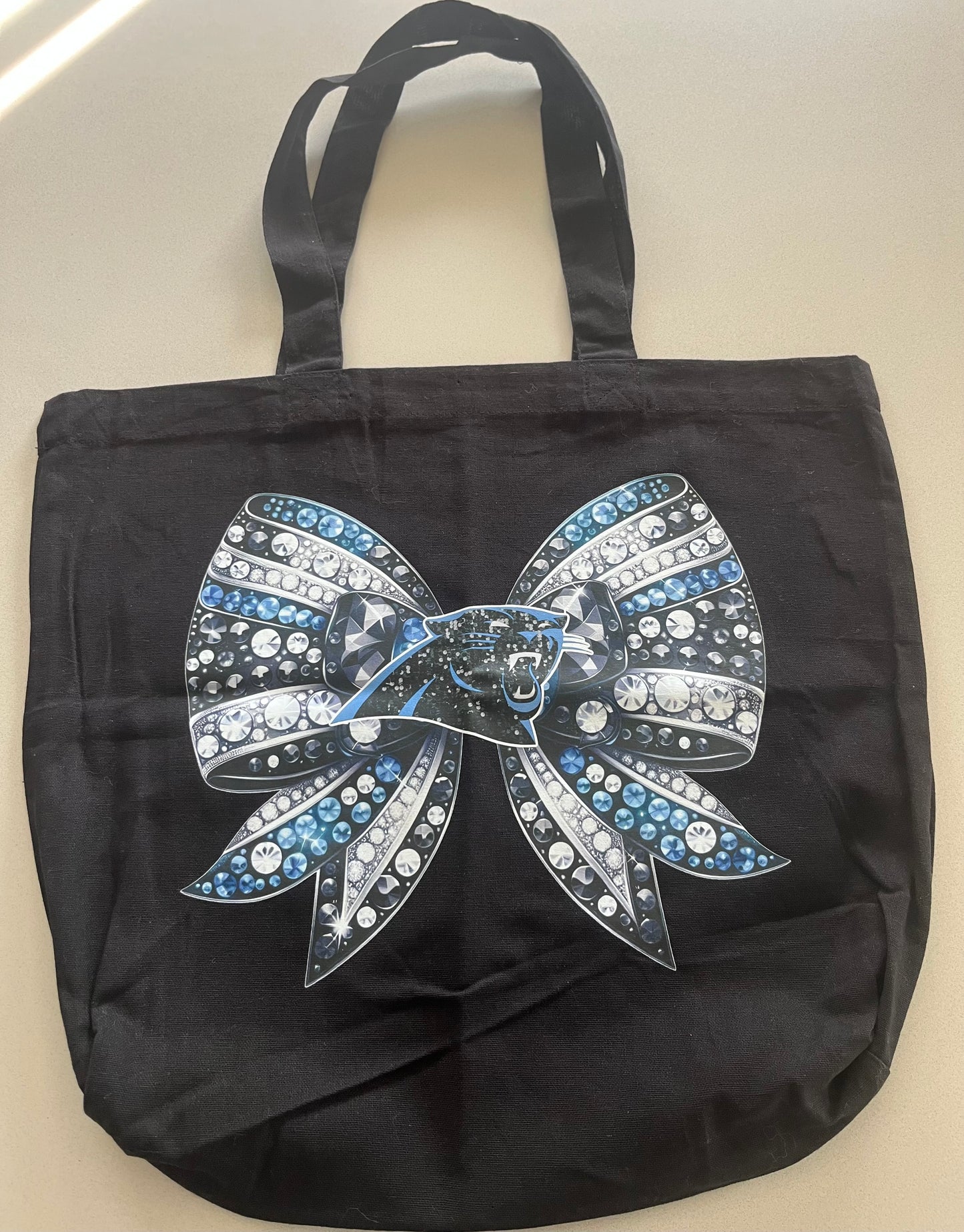 Panthers Rhinestone Bow Tote Bag