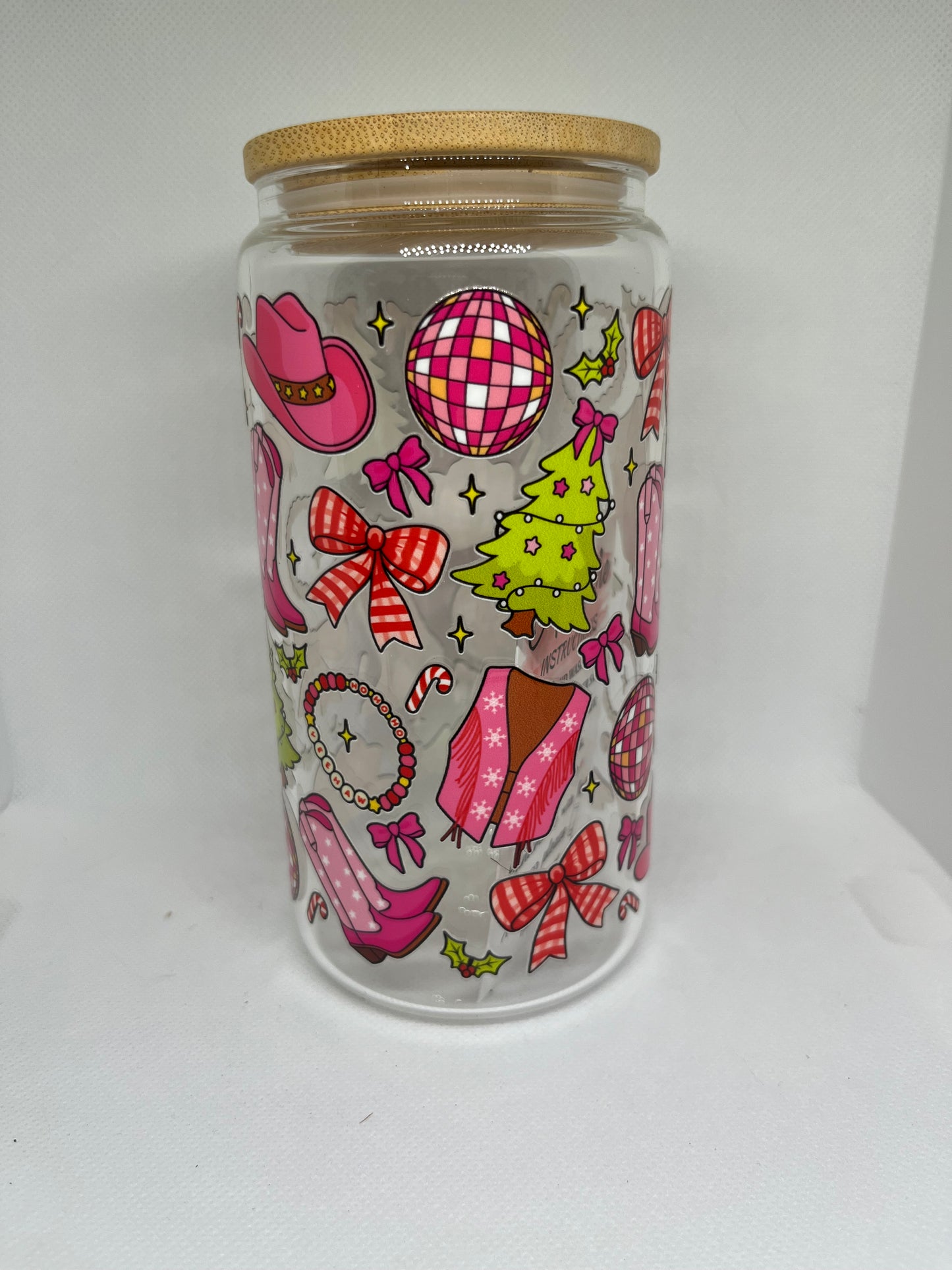 Pink Western Christmas Glass Can Tumbler – 16 oz Holiday Cowgirl Cup