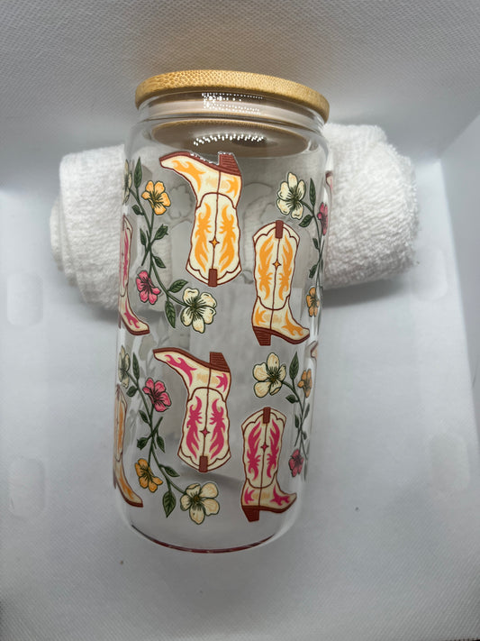 Boho Cowgirl Boots 16 oz Glass Tumbler