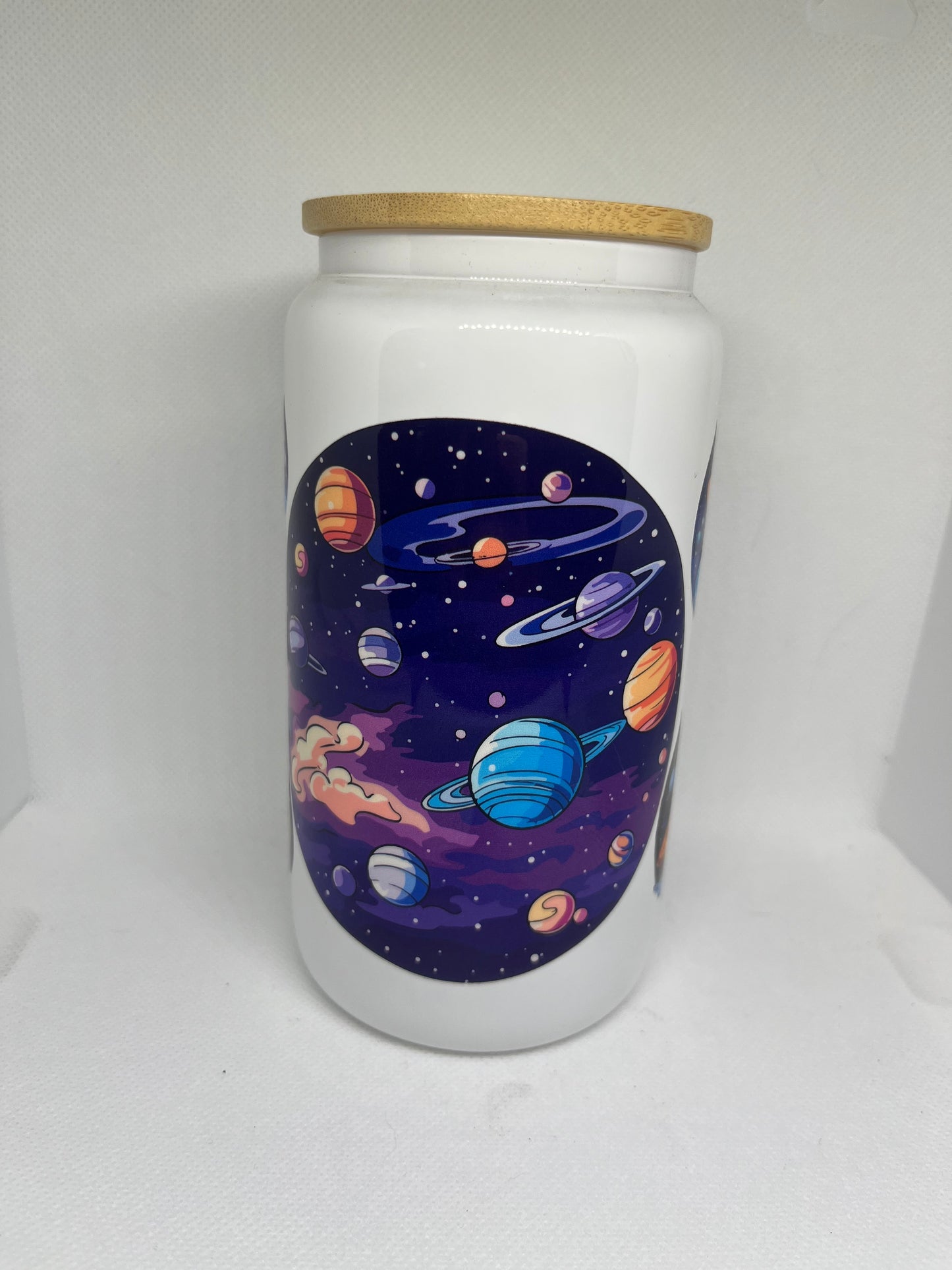 Cosmic Planets White Glass Cup with Bamboo Lid