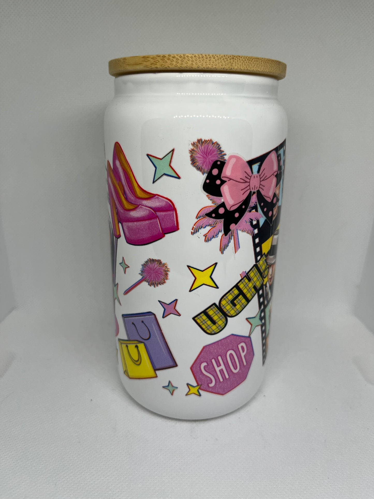 90s Teen Movie Inspired White Glass Cup with Bamboo Lid – 16 oz