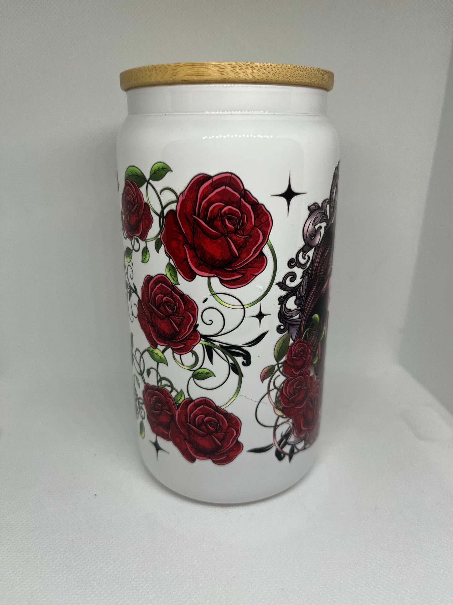 TVD Eternal Love Gothic Rose White Glass Cup with Bamboo Lid