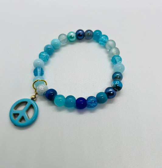 Blue Peace Sign Charm Beaded Stretch Bracelet