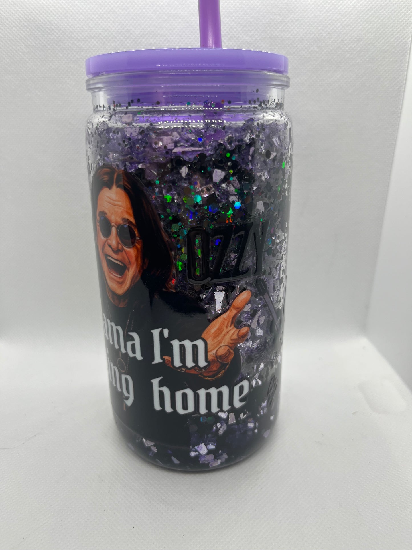 Ozzy “Mama I’m Coming Home” Glitter Tumbler – Purple Sparkle Rock Music Cup