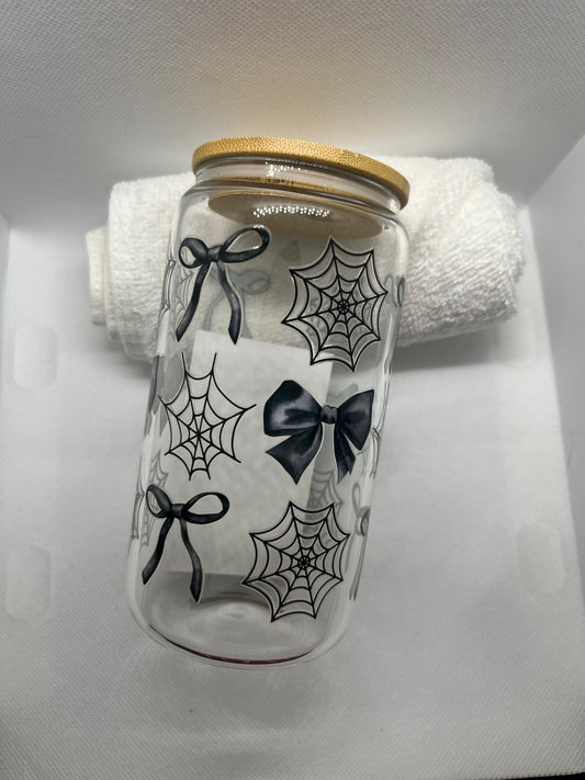 Gothic Bow & Spiderweb Glass Can Cup – 16oz