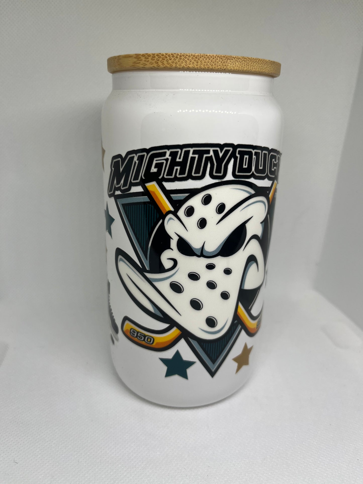 Hockey Mask Duck-Inspired White Glass Cup with Bamboo Lid